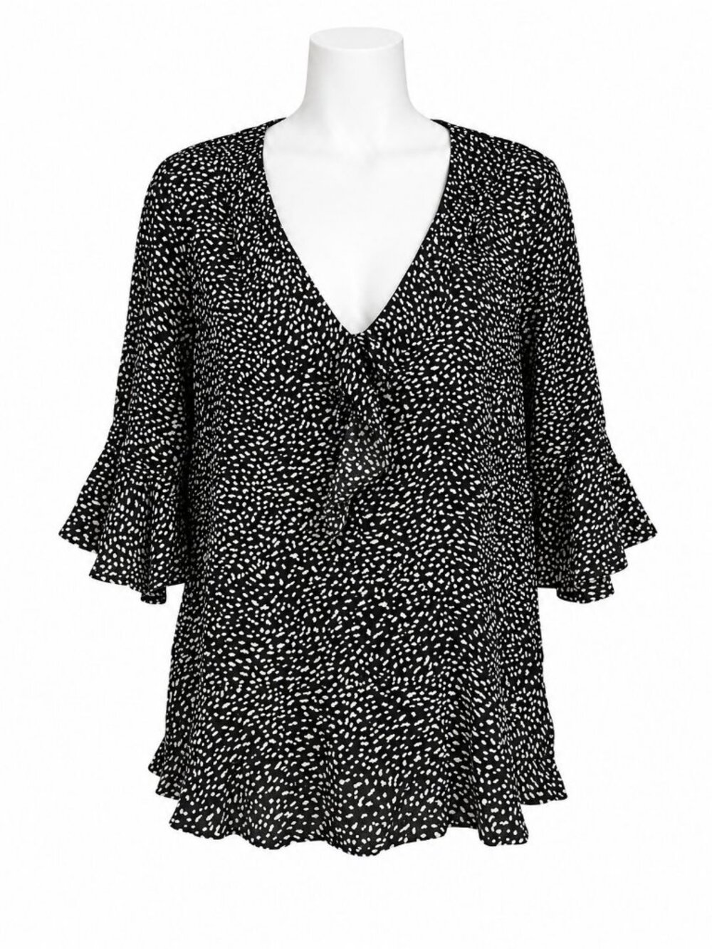 Zara Womens Black & White Polka Dot Flowy Bell Sleeve Blouse Size S V-Neck Light